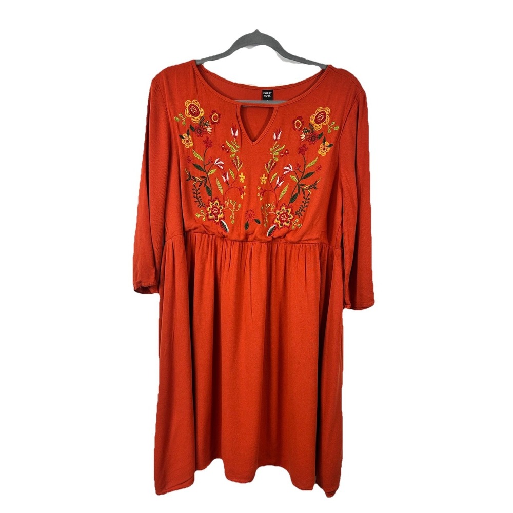 EMERY ROSE Rust Floral Embroidered Boho Midi Dress Large Keyhole Peasant Cottage